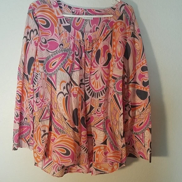 EUC LIZ CLAIBORNE Bohemian Paisley Scoop-Neck Lng-Sleeve Barbiecore Cotton Top - Picture 1 of 3
